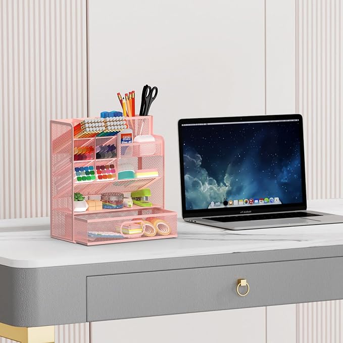 Mesh Pen Organizer for Desk, 13 Compartments with Drawer, Pink | Metal mesh pencil holder and desk organizer with tilted slots for easy access to stationery at home, school or office