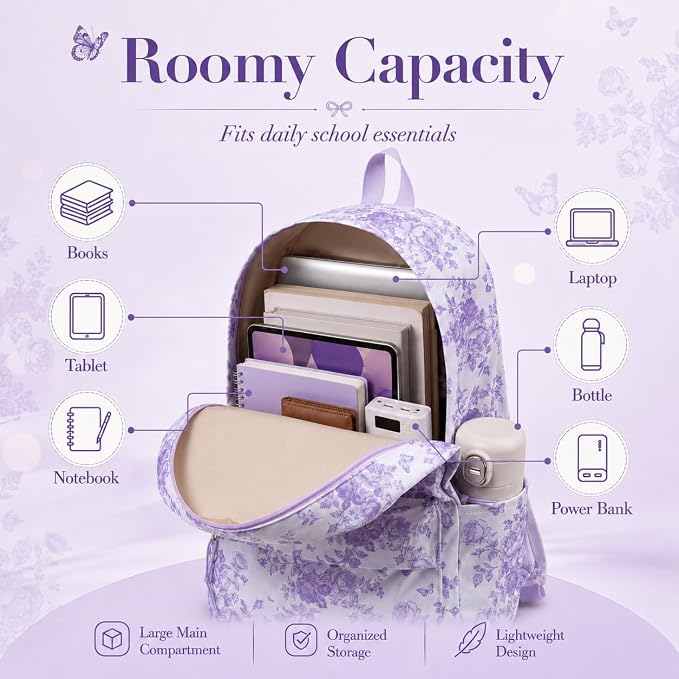 Bluboon Teens Backpack Set Girls School Backpack Lunch Box Pencil Bags Student Bookbags 3 in 1 (Purple Floral 277)