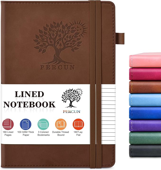 PERCUN Lined Journal Notebook for Men & Women, 160 Pages Leather Journals for Writing, A5 Hardcover Notebooks for Note Taking, Work, School, Business, Travel,Daily Diary 5.9" x 8.5" (Brown)