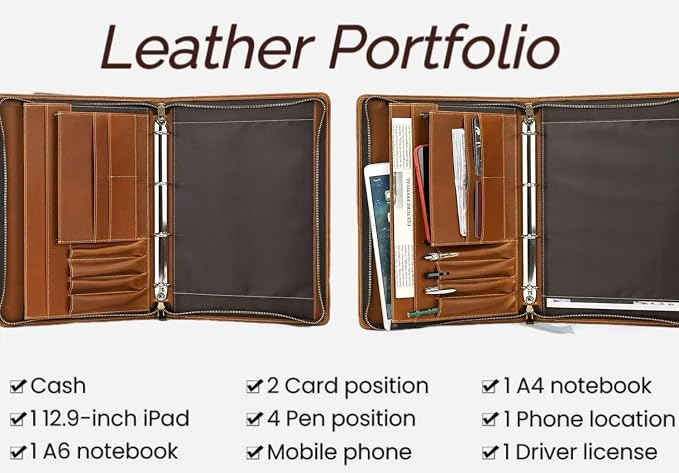 Zippered Padfolio Organizer, Leather Planner Binder, 12.9 Inch Portfolio Folder for Documents, Letter Size Business Card Tablet Document Holder for Men&Women, Brown