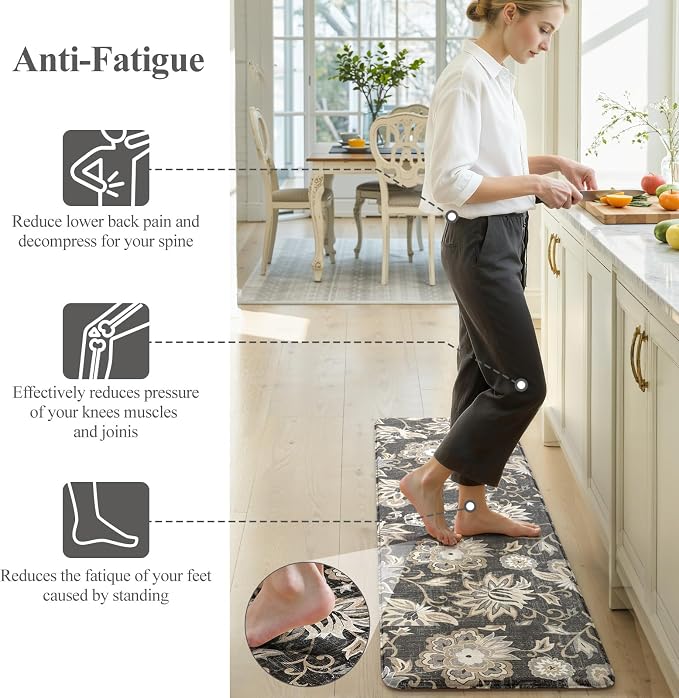 LEEVAN Anti Fatigue Kitchen Mats for Floor, Cushioned Kitchen Mat Set 2PCS | 20"x31"+20"x47", Boho Floral Black Kitchen Rugs Non-Slip Comfort, Waterproof Ergonomic Standing Mat for Laundry, Office, Sink