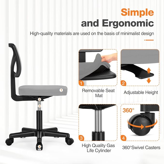 Sweetcrispy Small Desk Chair, Ergonomic Low-Back Mesh Rolling Work Swivel Chairs with Wheels, Armless Comfortable Seat Lumbar Support for Home, Bedroom, Study, Student, Adults, Grey
