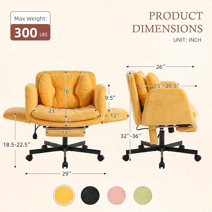 Criss Cross Office Chair with Footrest and 5-Gear Adjustable Arms, Yellow | Wide seat cross-legged desk chair, flip lumbar pillow, airbag support, linen fabric, for home office, vanity and meditation