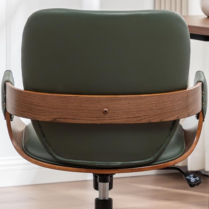 Mid Century Modern Desk Chair, Faux Leather Office Chair with Walnut Finish | Ergonomic Curved Back, Bentwood Frame, 360° Swivel & Rocking Function, Height Adjustable 19"-23", Support Up to 350 lbs