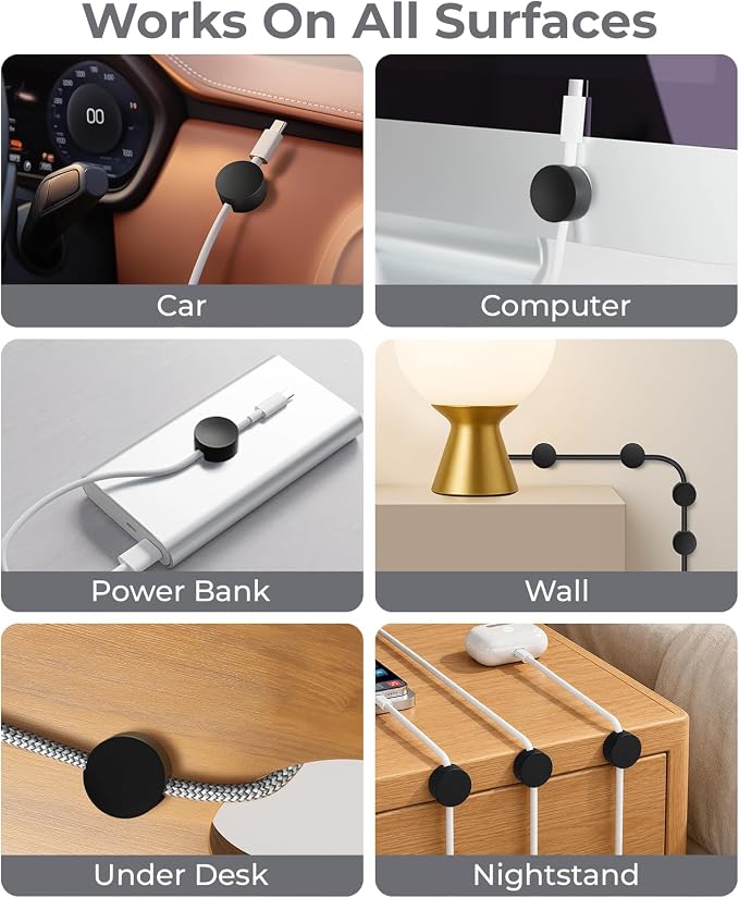 Magnetic Cord Organizer, 8 Pcs Cable Holders for Large Cords, Black | Organize USB Wires, Laptop Chargers, Dashcam, Car Phone Lines, Kitchen Appliance Plugs, Home & Workspace Wire Organizers