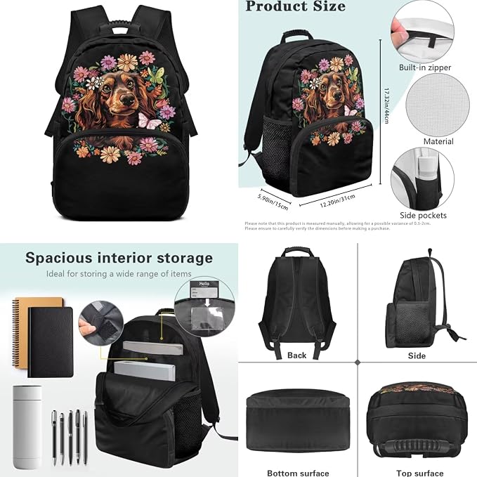 ZFRXIGN Dachshund Dog Teen Girls Backpack for School with Cute Pendant 4pc Backpack Set 17inch Middle High School Girls Bag and Insulated Lunch Box Pencil Case