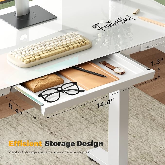 Glass Electric Standing Desk with Drawer, 35" x 20" Whole Piece Small Sit Stand Table, Height Adjustable Desk with Storage & USB Ports, Quick Install Home Office Computer Desk, White