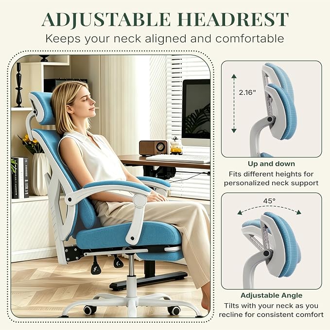 Ergonomic Office Chair with Footrest, High Back Home Desk Chair with Lumbar Support & Headrest, 90-135° Reclining Mesh Back Computer Chair with Wheels for Work, Gaming, Blue