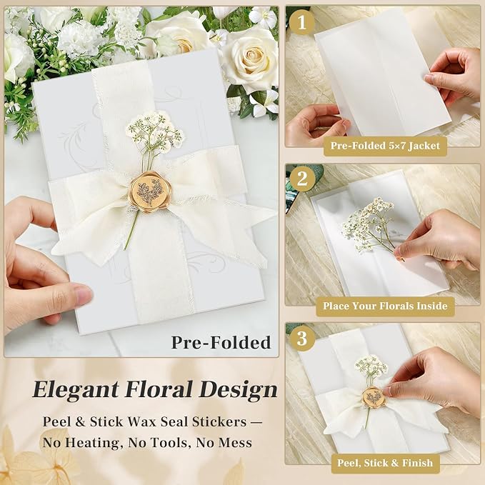 Wedding Invitation Accessories Kit, Pre-Folded Vellum Jackets for 5×7 Invitations with Wax Seal Stickers, Ribbon & Dried Flowers, Elegant Wedding Invitation Accessories for DIY Bridal Invites (Off-White, 50)