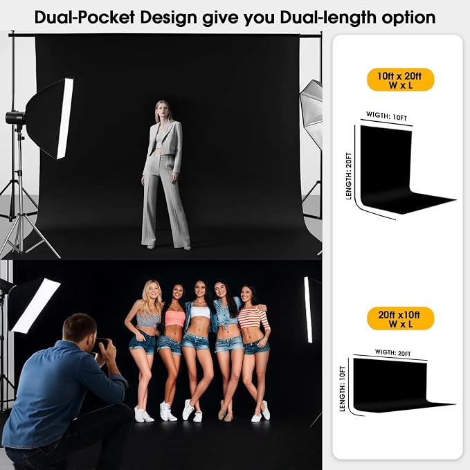 CPLIRIS 10x20ft Black Backdrop for Photography, Dual-Size Dual-Pocket Design Photo Booth Background for Portrait Photoshoot, Party and Video with Both Options of 10 feet and 20 feet in Width