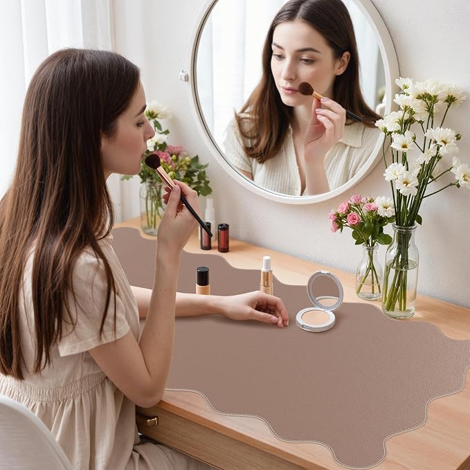 iCasso Leather Desk Pad,Extra Large Mouse Pad for Laptop,Waterproof PU Nail Table Mat,Cute Scalloped Keyboard Mats for Women Girl,Non-Slip Desk Cover Mat for Office Home School