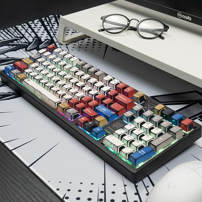 Japanese Manga Keycaps, PBT Side Printed Keycaps, Retro Custom Cherry Profile Keycap Set, 128 Keys Cool Anime Key Caps for 60%, 65%, 75%, 100% Cherry MX Switches Mechanical Keyboard