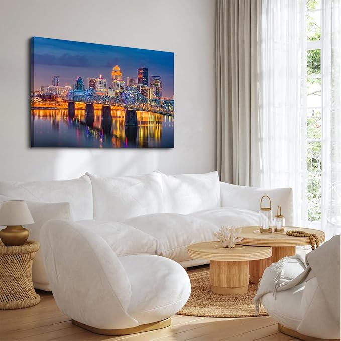 Large USA Downtown Colorful Night Cityscape Canvas Wall Art Louisville Kentucky Build Scenery Pictures Wall Decor Bathroom Modern Bridge Landscape Poster Prints Painting Artwork Home Decoration 32x48"