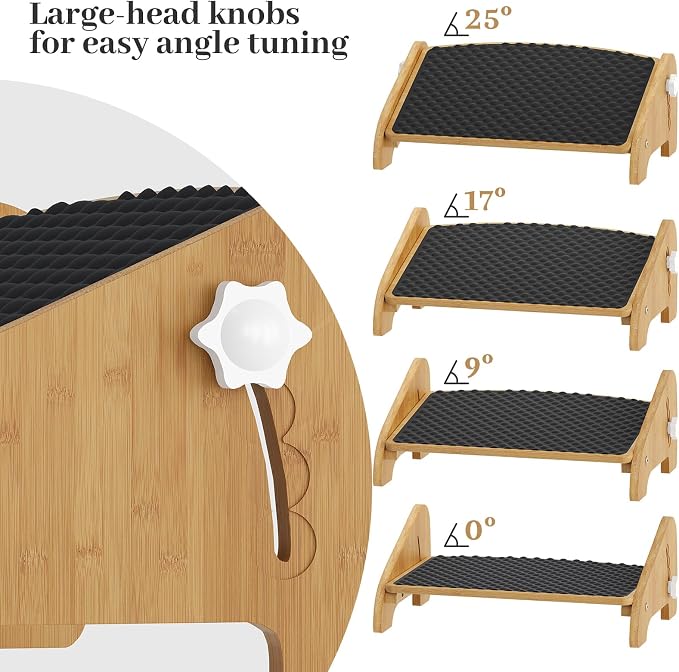 Foot Rest Under Desk, Bamboo Adjustable Footrest with 4 Angles, Ergonomic Foot Stool for Under Desk at Work, Office Non-Slip Desk Foot Rest with Massage Surface, Improves Posture