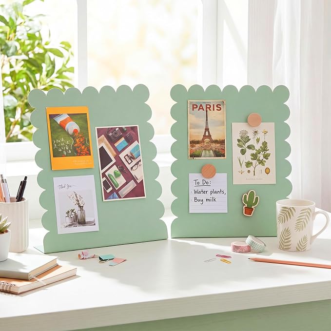 Gueevin 2 Pcs Magnet Board Standing Magnetic Metal Board for Desk and Wall Scalloped Magnetic Display Stand for Memos Photos and Documents Home Office School Desk Storage Decoration(Green,Medium)