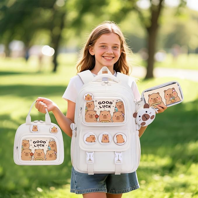 Capybara Backpack for School Girls, 30PCS Capybara Gifts School Supplies Stationery Set with Lunch Box Pencil Case Pens Pencils Notebook Cartoon for Kindergarten Elementary Student(Beige)
