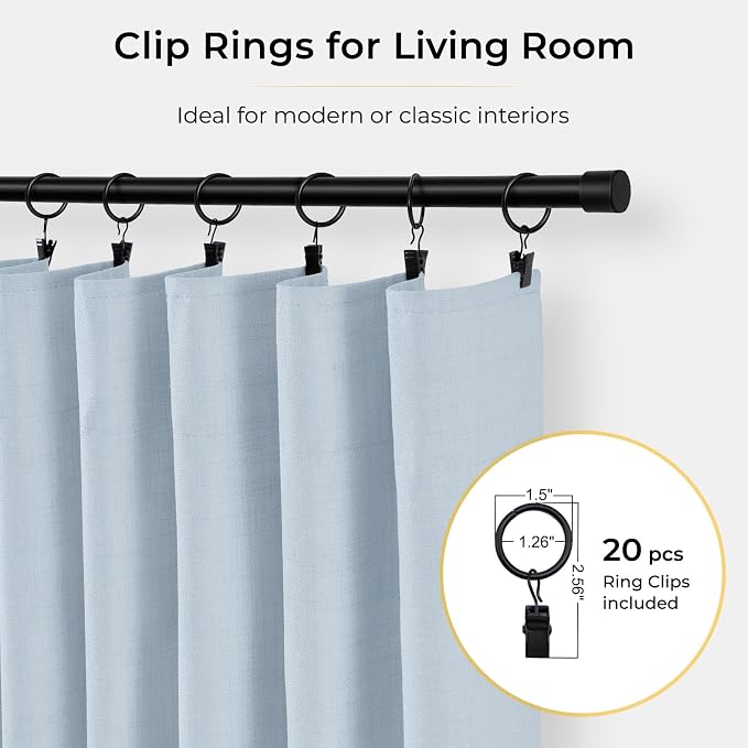 INOVADAY 100% Blackout Curtains for Bedroom, Black Out Curtains 90 Inch Long, Clip Rings Linen Blackout Drapes, Thermal Insulated Room Darkening for Living Room, 2 Panels - Chambray Blue,W50xL90