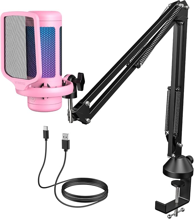 TONOR Gaming Microphone Arm Set, RGB Condenser Mic with Boom Arm, Quick Mute, Adjustable RGB Brightness, Pop Filter, Shock Mount, Gain Control for Streaming, Discord Twitch YouTube,TC310+ Pink