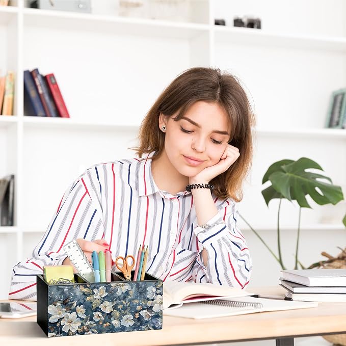 Dark Blue Floral Pen Pencil Holder for Desk, Academia Cottagecore Botanical Flower Wooden Box Sign Organizer for Home Room Office Bedroom Desk Accessories Tabletop Decorations