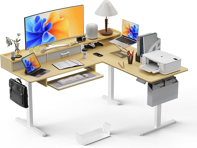 WALKINGDESK 63 Inches L Shaped Standing Desk with Keyboard Tray and 2 Drawers, L Shaped Electric Standing Desk, Adjustable L Shaped Office Desk,Corner Standing Desk for Home Office, Oak
