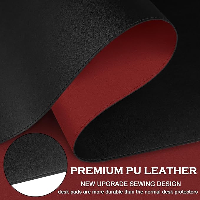 Double-Sided Office Desk Mat, Large Mouse Pad, Waterproof PU Leather Protective Pad, Laptop Desk Pad, Dual Use Cover Protector for Office/Home Keyboard (Red+Black, 31.5''×15.8'')