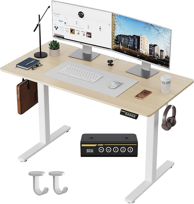 Electric Standing Desk,48x24 Inches Adjustable Height Stand up Desk, Sit Stand Home Office Desk with Splice Board, 3 Preset Heights,Equipped with Hooks,Ergonomic Computer Workstation，Nature