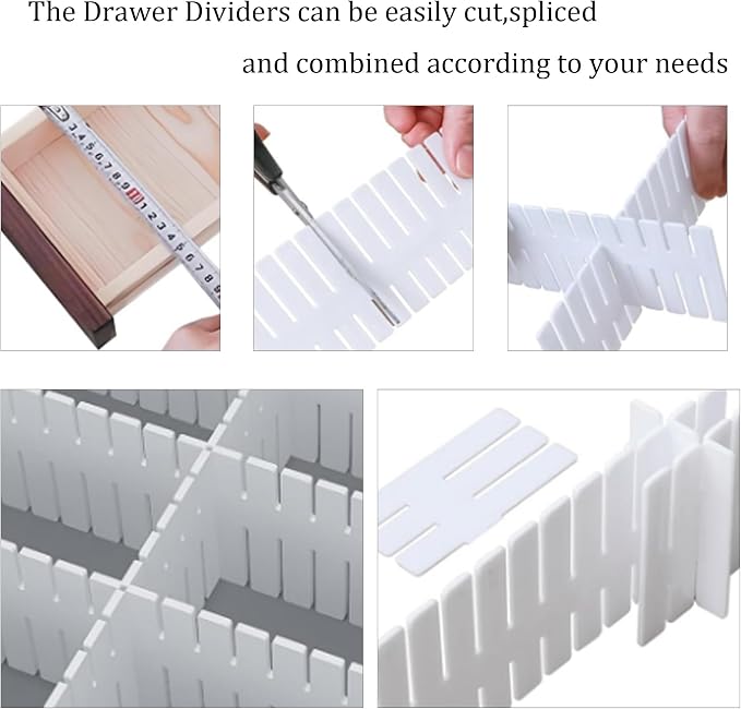 8PCS Adjustable Drawer Dividers Plastic Organizer Separator for Socks Underwear Lingerie Clothes Kitchen Bedroom Bathroom Office (White)