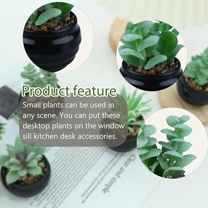 GREENTIME 6 Pcs Green Artificial Succulent Plants in Black Plastic Pots Mini Faux Succulent Plants Indoor Room Decor Aesthetic Bedroom Shelf Desk Bathroom Office Table Home Decoration