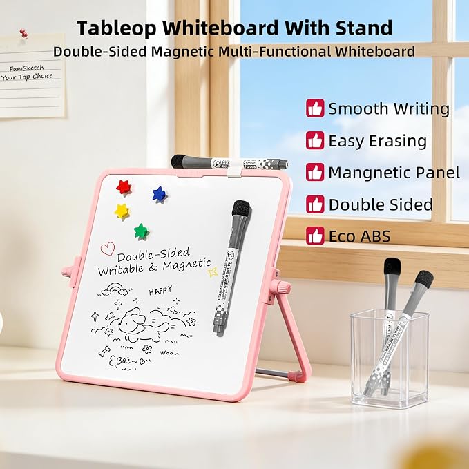 Colorful Dry Erase White Board 9.7x9.7in, Magnetic Desktop Board with Stand, 2 Markers (Eraser Head), 4 Magnets - Double-Sided Easel for Daily Planning, Memo, Office/Home/School (Orange)