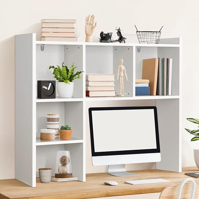 OOOK 35.5" L Dorm Desk Hutch White, Desktop Bookshelf with 5 Shelves | Multipurpose Desk Organizer for Dorm Office Home, 3-Tier Wooden Display Rack for Computer Desk