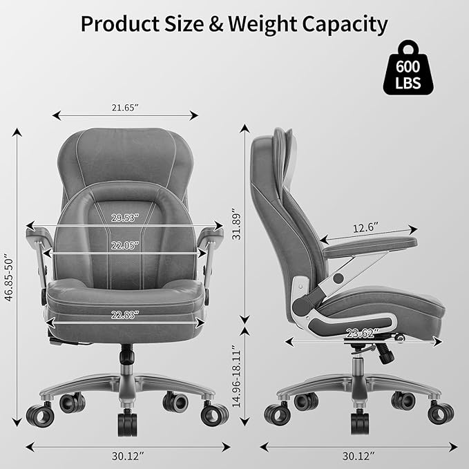 Big and Tall Office Chair, Heavy Duty Desk Chair with 5D Arms, Adjustable Lumbar Support & Height, Tilt Function, PU Leather High Back Ergonomic Executive Computer Chair