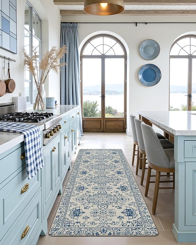 DEXI Kitchen Mats for Floor Cushioned, 23x107 Extra Large Wide Runner Rug Non Slip, Waterproof Soft Comfort Standing Padded Anti Fatigue Decorative, Blue and White