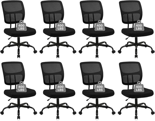 CLATINA Armless Home Office Chair, Small Ergonomic Mesh Back Desk Chair with Lumbar Support and Wheels, Adjustable Height 360° Swivel Rolling Computer Chair for Conference Waiting, Black, 8Pack