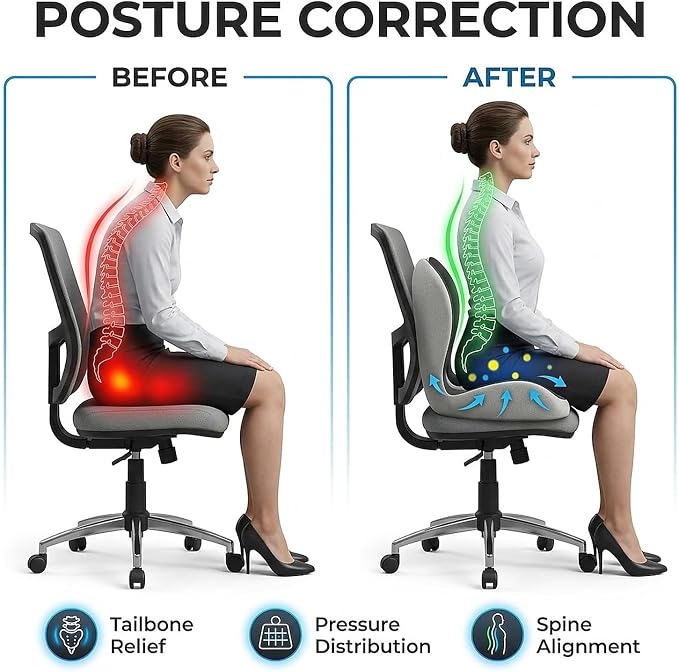 Seat Cushion and Lumbar Support for Office Chair & Car Seat, Memory Foam Ergonomic Design for Long Sitting, Sciatica Support & Tailbone Pressure Relief