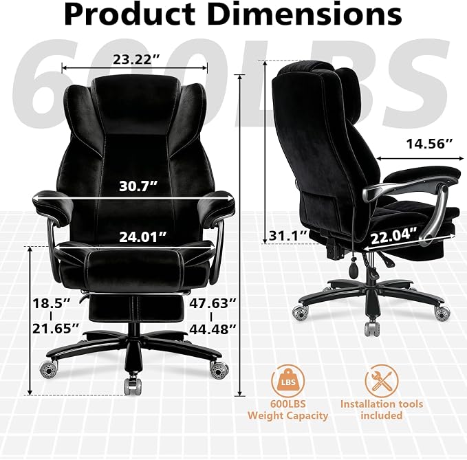 WAILOR 600lbs Big and Tall Office Chair for Heavy People,Heavy Duty Comfy Executive Office Desk Chair with Adjustable Lumbar Support,High Back Reclining Fabric Computer Chair