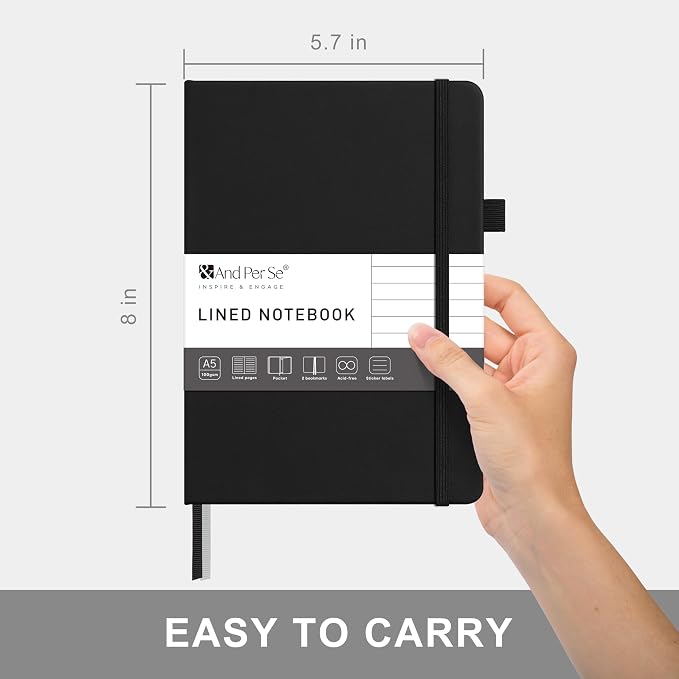 &And Per Se Lined Journal Notebook – A5 Hardcover, 160 Pages 100gsm Thick Paper, College Ruled for Writing - 5.7”x8” (Black)