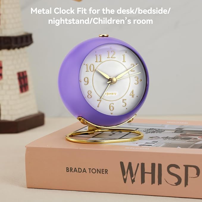 rjuwurv Metal Desk Alarm Clock, Retro Bedroom Table Vintage Analog Silent Non-Ticking Gold Alarm Clock, Bedside Decor(Violet Purple)