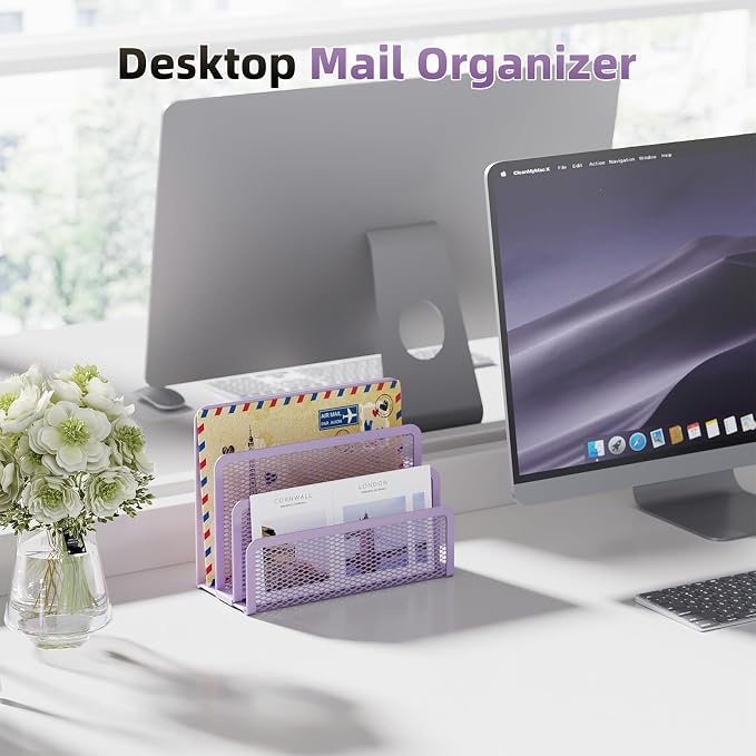 Marbrasse Mail Organizer for Desk, 3-Slot Mesh Metal Mail Holder countertop, Letter Holder, Office Desktop Envelope and Document Storage Rack (Purple)