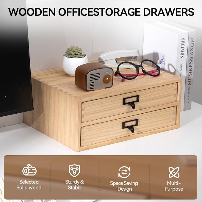 KIRIGEN Solid Wood Desk Organizer with 2 Drawers, Desktop Storage, Natural | 2-Drawer Cabinet for Printer Paper, Mail, Notebooks, and Office Supplies, 13.78 x 10.6 x 5.9 In, Fully Assembled