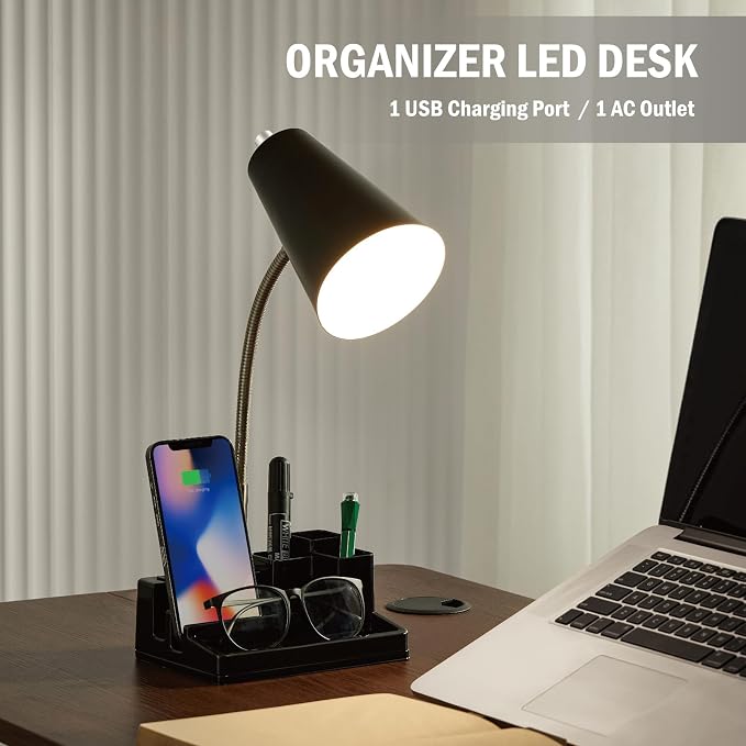 Small Desk Lamps for Home Office, Table Lamp with USB Port and Outlet, Desktop Lamp with Pen Holder, Flexible Neck Desk Lamp, Black Table Lamp for Reading Study