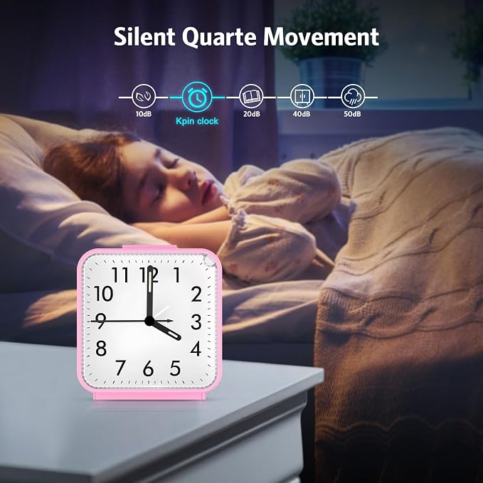 AMIR Silent Analog Alarm Clock, Small Battery Operated Clock with Snooze | Loud Ascending Beep Alarm with Night Light, Non Ticking Desk Clock for Bedroom, Travel, Students