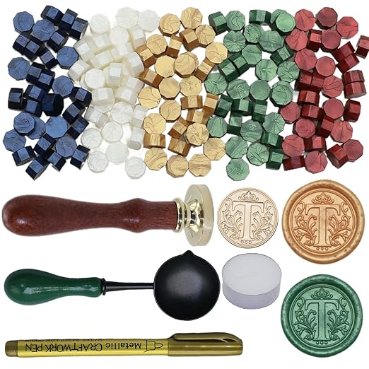 Initial Alphabet Wax Seal Stamp Kit, Retro Letter T Sealing Stamp with 150Pcs Sealing Wax Beads Spoon Pen Set for Wedding Invitations Cards Envelopes (T)
