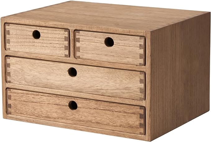 KIRIGEN Wood Desk Organizer with 4 Drawers, Desktop Storage, Brown 34-DBR | 3-Tier Solid Wood Cabinet Holds Letter-Size Paper, Mail, Makeup, Crafts, and Home Office Supplies, Fully Assembled