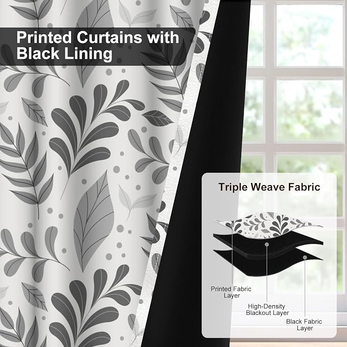 Blackout Curtains for Bedroom and Living Room, Grey Leaves Patterned Grommet Thermal Insulated Room Darkening Bedroom Curtains 2 Panels Set, Light Filtering Soundproof Black Out Curtains 84 Inch Long