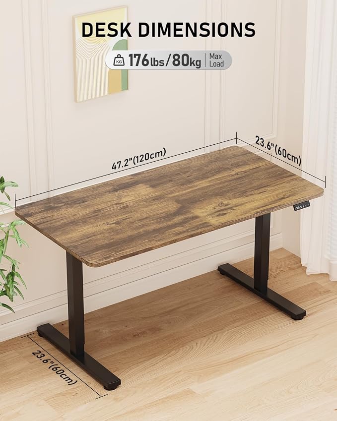 48" Electric Standing Desk Adjustable Height, Sit Stand up Desk for Home Office & Computer Workstation, 2 Memory Height Settings, Splice Board, 2 Hooks, Black Frame/Rustic Brown Top