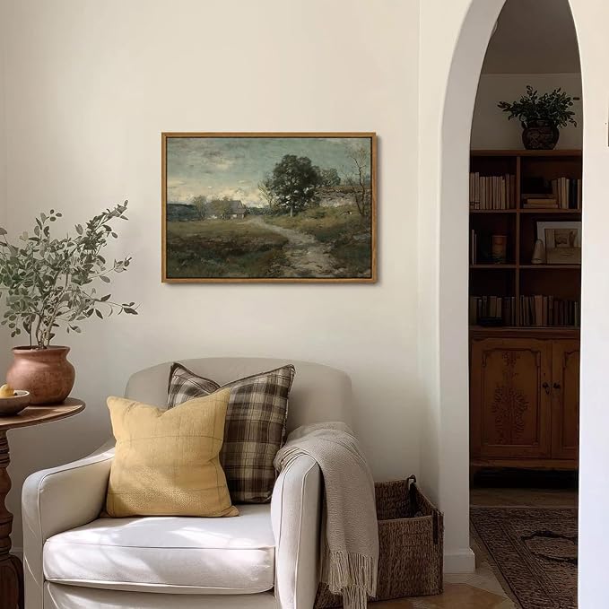 OIQArtOIQ Framed Vintage Landscape Wall Art French Country Cottage Natural Scenery Oil Painting Canvas Prints Farmhouse Fall Decor Aesthetic Pictures for Kitchen Bedroom Living Room Bathroom