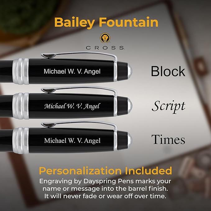 Personalized Cross Fountain Pen | Engraved Cross Bailey Black Lacquer Fountain Pen with Silver Trim. Stately Professional Custom Business Gift.