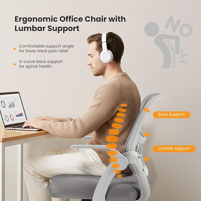 Sweetcrispy Home Office Managerial Executive Chair, Flip Up Armrest Ergonomic Mesh Adjustable Swivel Mid-Back Computer Desk Chair with Comfortable Lumbar Support, Comfy Arms for Bedroom,Study