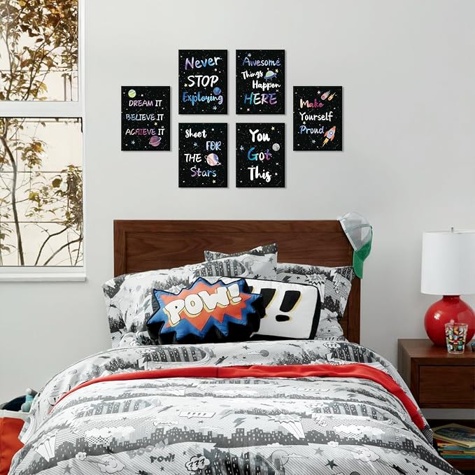 CHDITB Space Themed Canvas Wall Art, Galaxy Inspirational Quotes Decor, Outer Space Motivational Framed Poster, Astronaut Room Wall Art, Celestial Kids Bedroom Decoration, Cosmic Nursery Prints 8”X10”X6