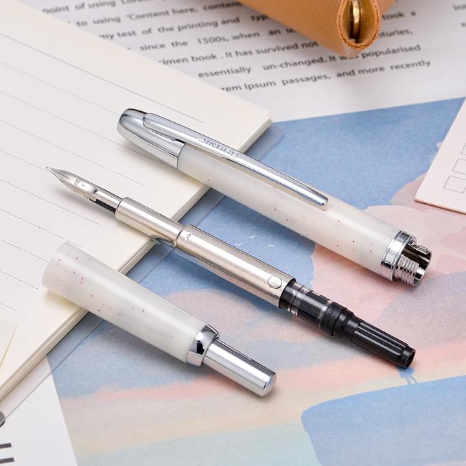 Jinhao 20 Press Fountain Pen, Snow White Retractable Fine Nib with Ink Converter Set (Silver Clip)